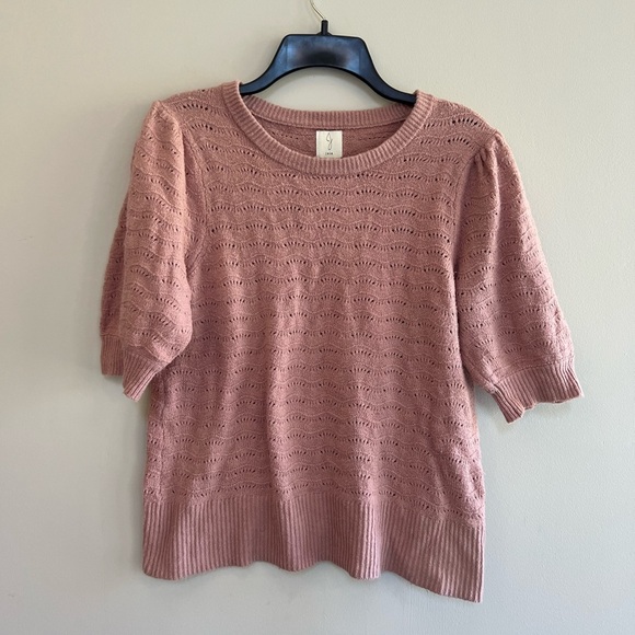 Joie Pink Pointelle Crewneck Sweater with Puff Short Sleeves, Size M - Picture 2 of 7